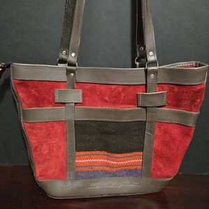 Bolivian Suede & Brown Tooled Leather Tote Bag Purse Book Bag Shoulder Lined